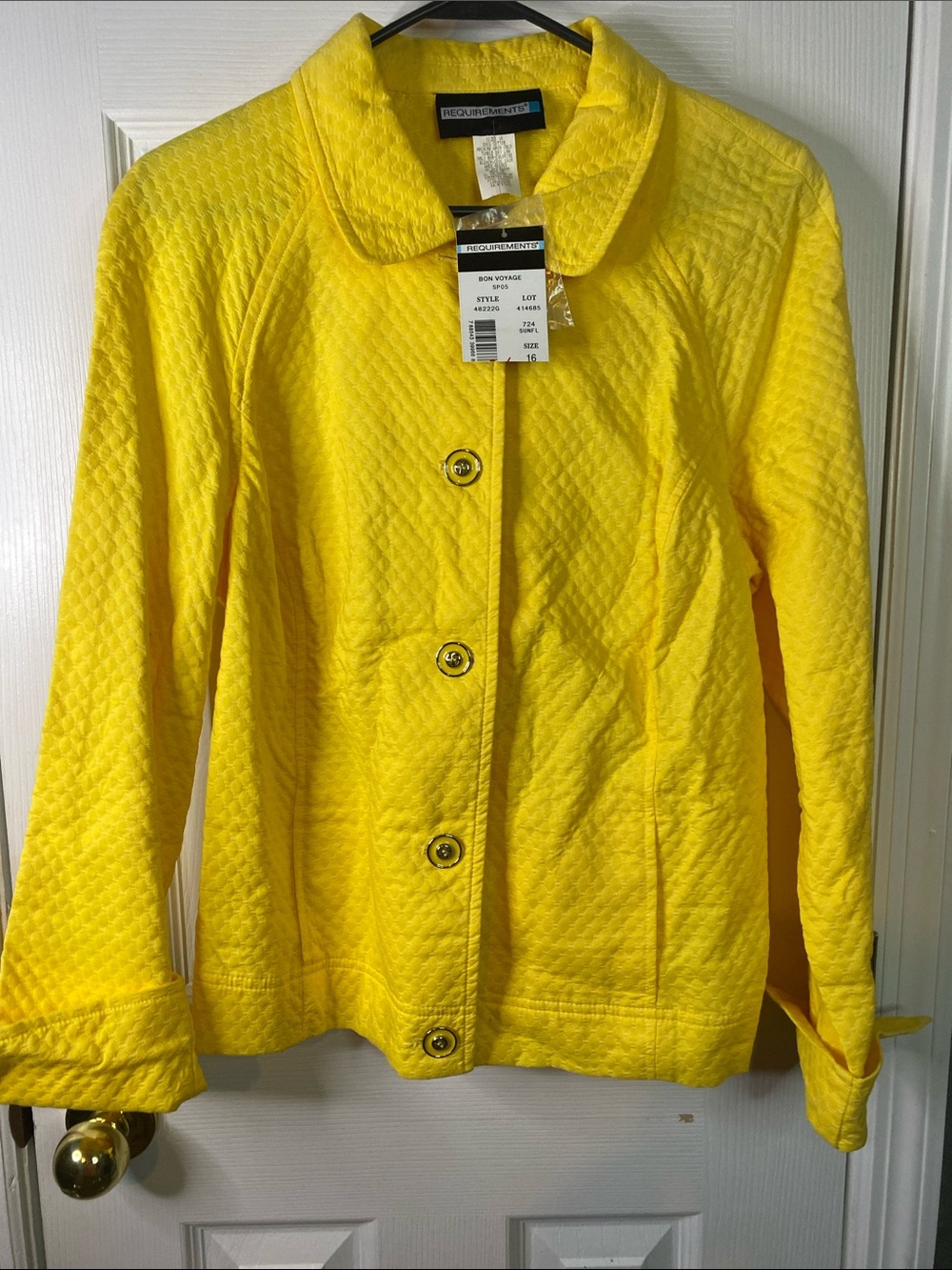 Requirement Jacket Bright Yellow Quilted Button-Front Size.